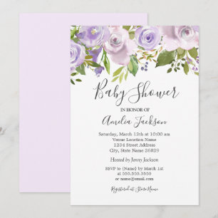 Convite Chuva de Bebê Floral em Aquarela Lilás Roxo