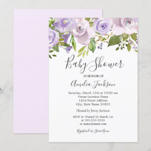 Convite Chuva de Bebê Floral em Aquarela Lilás Roxo