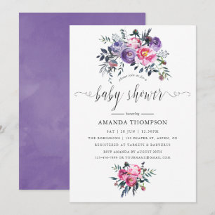 Convite Chuva de Bebê Floral em Aquarela Roxa e Rosa