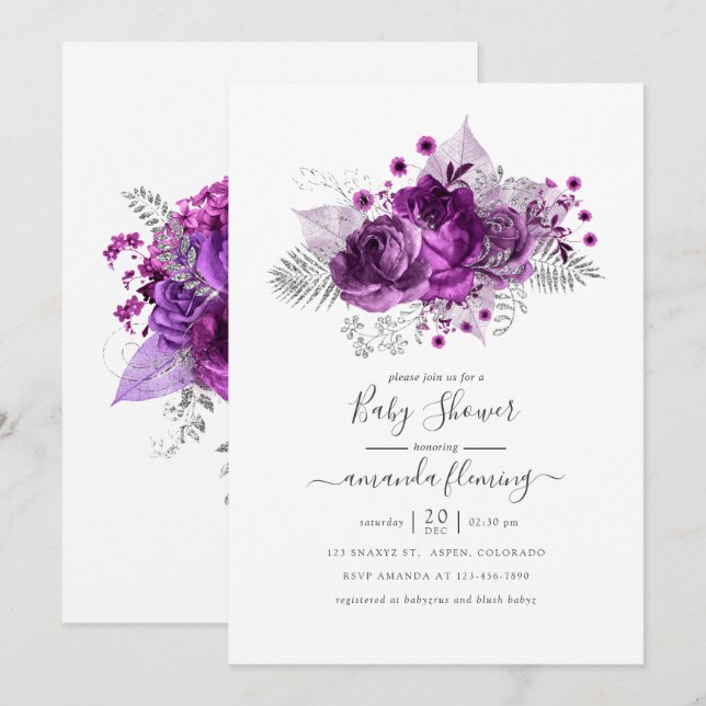 Convite Chuva de Bebê Floral em Aquarela Roxo e Prata (Frente/Verso)