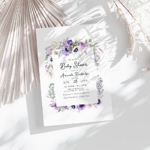 Convite Chuva de Bebê Floral em Aquarela Violeta Pastel De