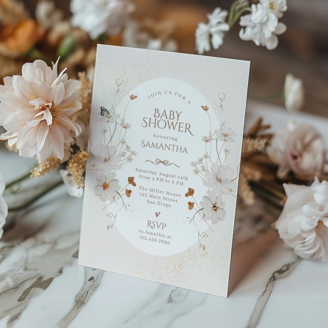 Convite Chuva de Bebê Floral em Beige Boho em Aquarela (Criador carregado)