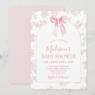 Convite Chuva de Bebê Floral Laço Rosa Toile Francês Vinta