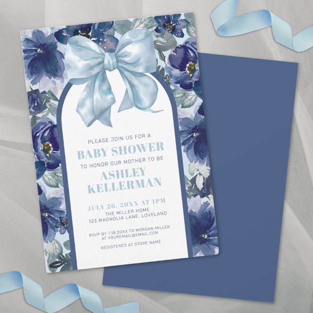 Convite Chuva de Bebê Floral Menino Azul Laço (Floral Boy Blue Bow Baby Shower Invitation)