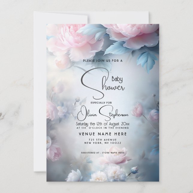 Convite Chuva de Bebê - Floral Peônia Rosa Sonhadora (Frente)