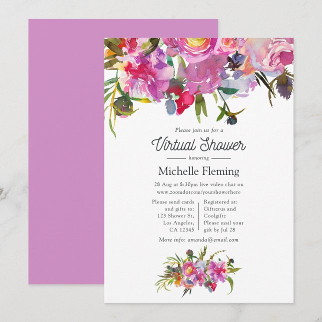 Convite Chuva de Bebê Floral Peônias Rosa Antigo Virtual (Frente/Verso)