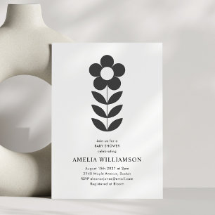 Convite Chuva de Bebê Floral Preto e Branco Minimalista Mo