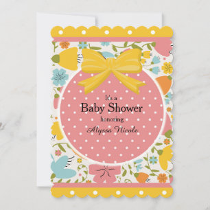 Convite Chuva de Bebê Floral Rosa Amarelo Azul e Pontinhos