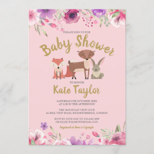 Convite Chuva de Bebê Floral Rosa Animais de Bosque Verde