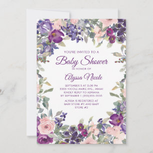 Convite Chuva de Bebê Floral Rosa Elegante Roxo