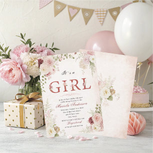 Convite Chuva de Bebê floral rosa em aquarela elegante