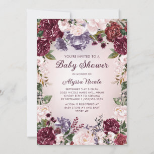Convite Chuva de Bebê Floral Rosa Roxo Borgonha