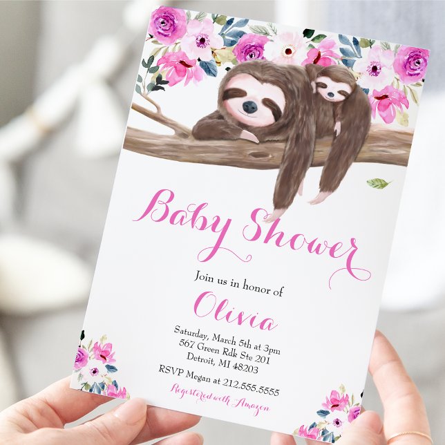 Convite Chuva de Bebê Floral Rosa Sloth Sonolento (Criador carregado)