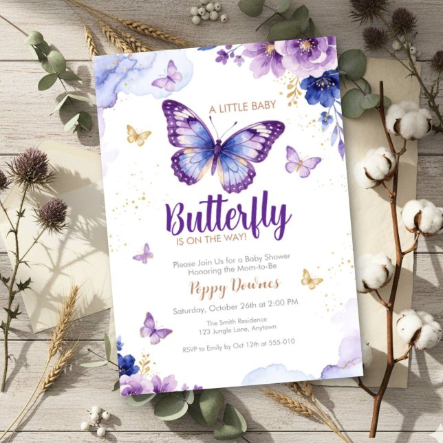 Convite Chuva de Bebê Floral Roxo Azul Borboleta (Criador carregado)