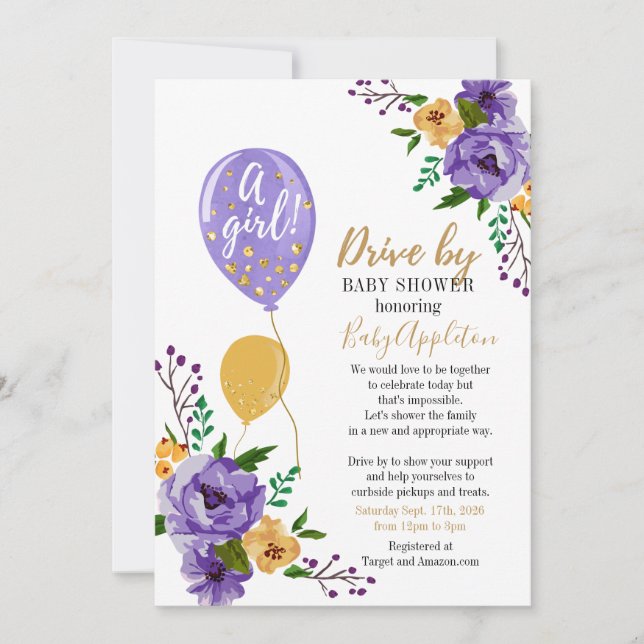 Convite Chuva de Bebê Floral Roxo e Dourado (Frente)