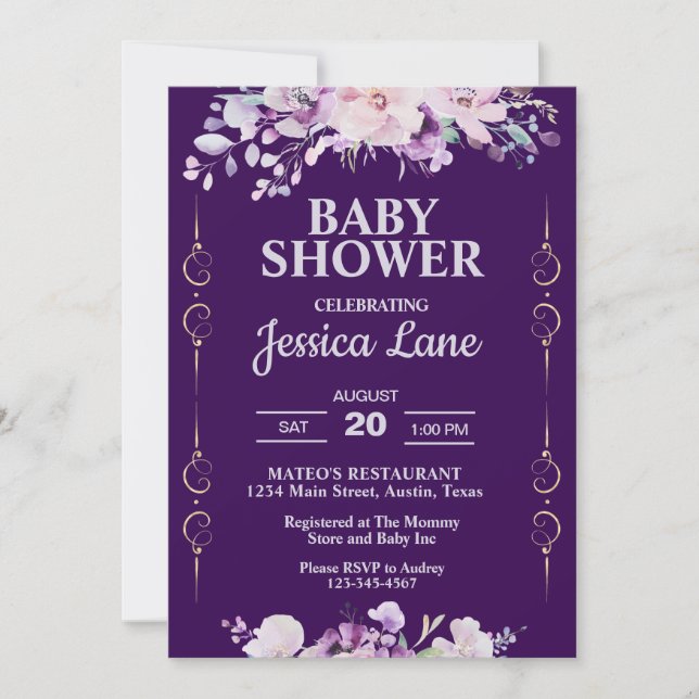 Convite Chuva de Bebê Floral Roxo Escuro (Frente)