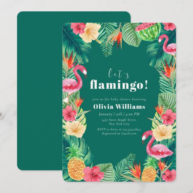 Convite Chuva de Bebê Floral Tropical de Flamingo Verde Le (Frente/Verso)