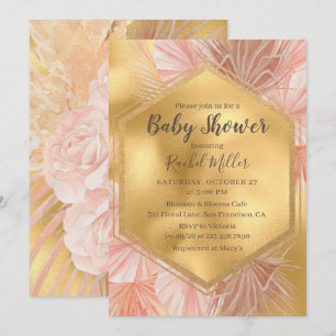 Convite Chuva de Bebê Floral Tropical em Dourado Rosa
