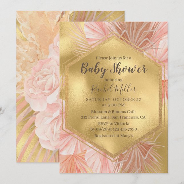 Convite Chuva de Bebê Floral Tropical em Dourado Rosa (Frente/Verso)