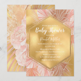Convite Chuva de Bebê Floral Tropical Rosa Dourado