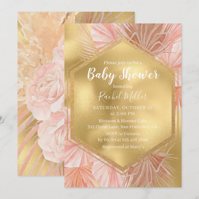 Convite Chuva de Bebê Floral Tropical Rosa Dourado (Frente/Verso)