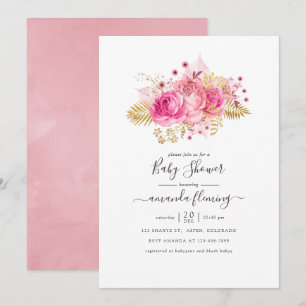 Convite Chuva de Bebê Floral Tropical Rosa e Dourado