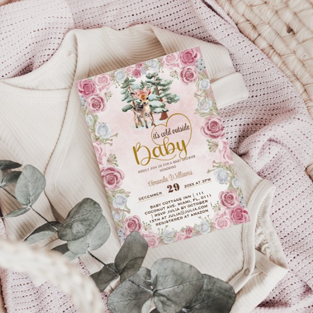 Convite Chuva de Bebê Floral Veado Bebê Menina É frio  (Criador carregado)