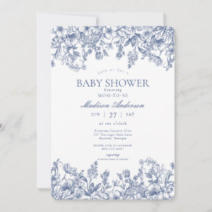 Convite Chuva de Bebê Floral Vintage Chinoiserie Azul