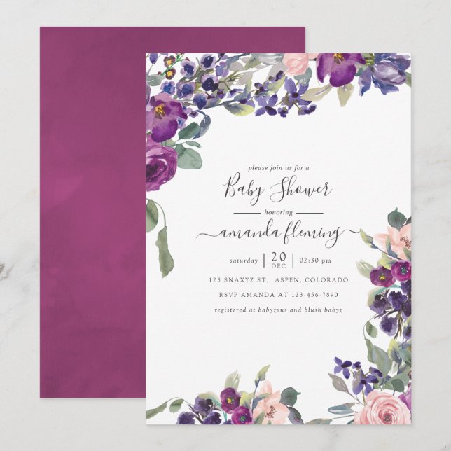 Convite Chuva de Bebê Floral Violeta, Ameixa e Rosa (Frente/Verso)