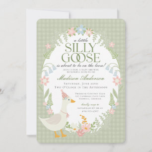 Convite Chuva de Bebê Floral Xadrez Silly Goose Verde