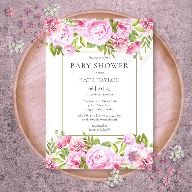 Convite Chuva de Bebê Flores Rosas Elegantes (Elegant Pink Roses Floral Baby Shower Invitation)