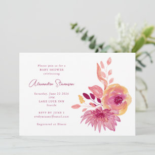 Convite Chuva de Bebê Flores Vermelhas Magenta em Aquarela