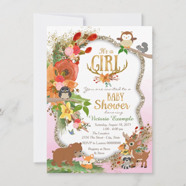 Convite Chuva de Bebê Floresta de Meninas com Galhada (Frente)