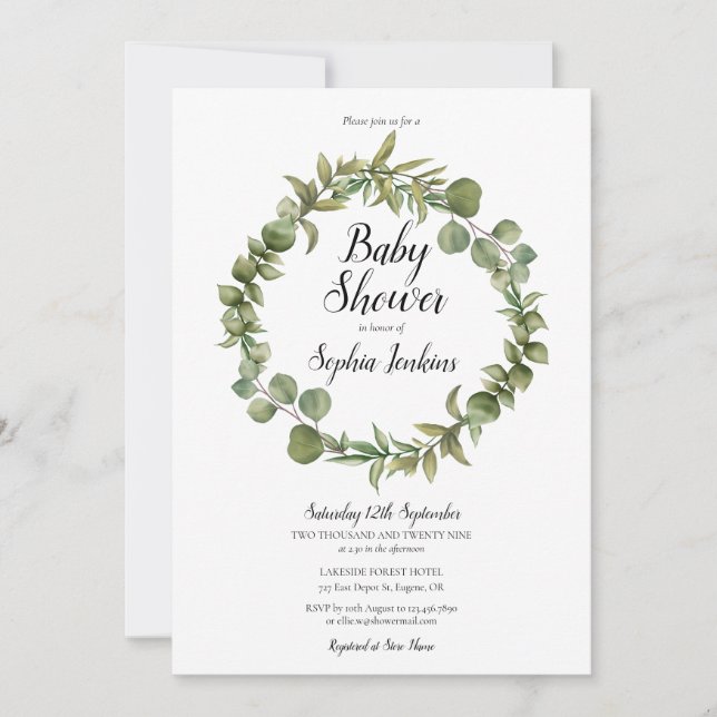 Convite Chuva de Bebê Floresta Eucalipto Script (Frente)