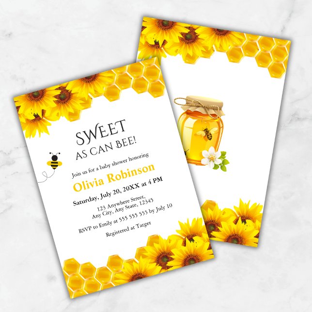 Convite Chuva de Bebê Fofa como Abelha - Favo de Mel Amare (Yellow Honeycomb Sweet as can Bee Baby Shower Invitation )