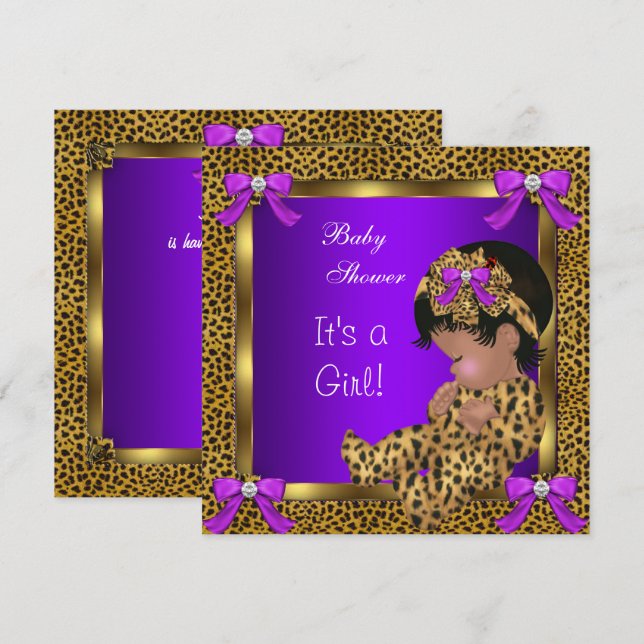 Convite Chuva de Bebê Fofa Menina Leopardo Roxo Dourado 2 (Frente/Verso)