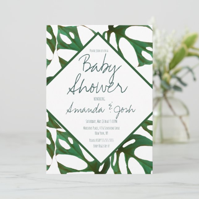 Convite Chuva de Bebê Folha Tropical Monstera (Em pé/Frente)