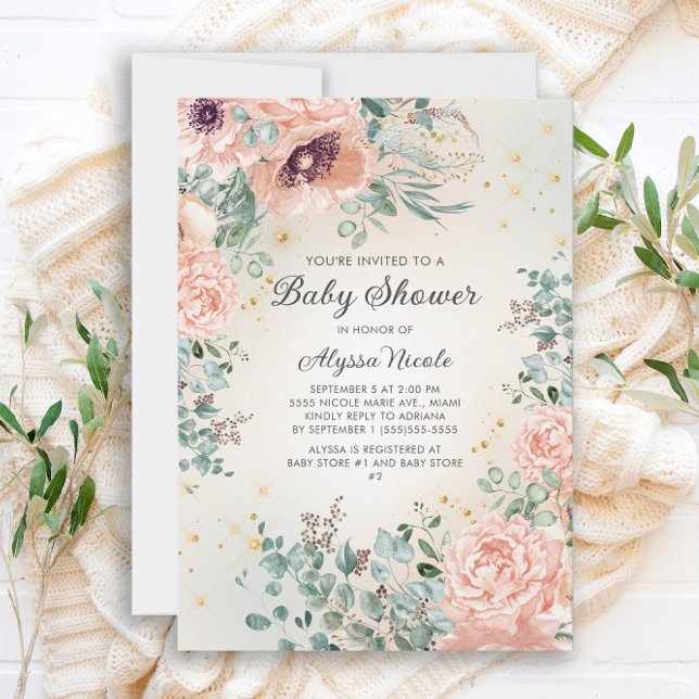 Convite Chuva de Bebê Folhagem Floral Rosa Dourado (Criador carregado)