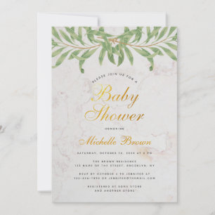 Convite Chuva de Bebê Folhagem Verde Script Elegante Neutr