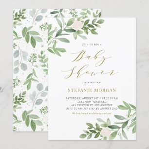 Convite Chuva de Bebê Folhagens em Aquarela e Flores Branc
