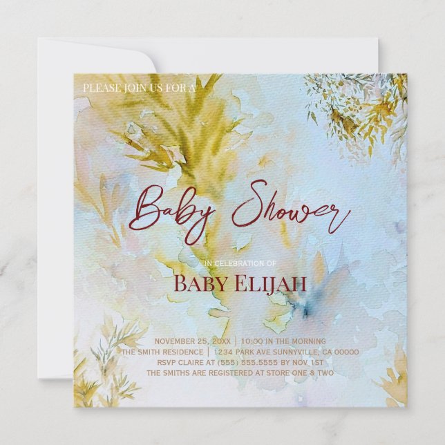 Convite Chuva de Bebê Folhas Celestiais em Aquarela Suave (Frente)