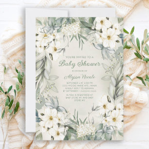 Convite Chuva de Bebê Folhas Verde Sage Floral Branco Eleg