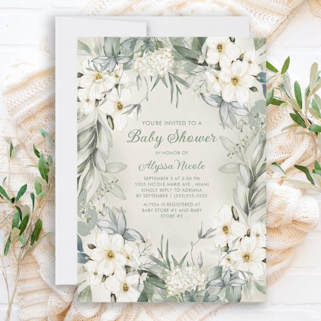 Convite Chuva de Bebê Folhas Verde Sage Floral Branco Eleg (Criador carregado)