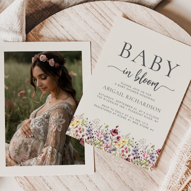 Convite Chuva de Bebê Foto Bege Boho Flores Silvestres (Criador carregado)