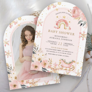 Convite Chuva de Bebê Foto Boho Rosa Inverno Arco-Íris