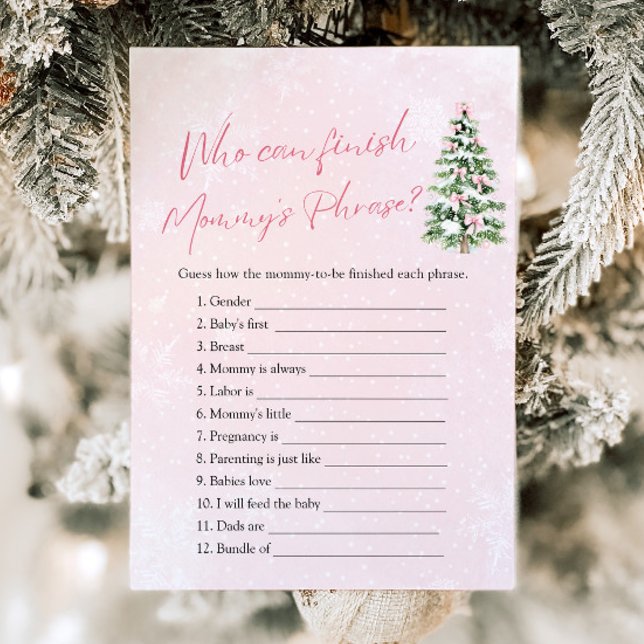 Convite Chuva de Bebê Frase da Mamãe no Inverno (Pink Bow Christmas Who Can Finish Mommy's Phrase Baby Shower Game)