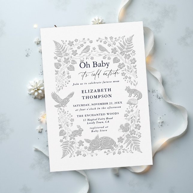 Convite Chuva de Bebê Frio Floresta de Madeira Conto de Fa (winter baby shower invitation woodland animals magical enchanted forest storybook cold outside)