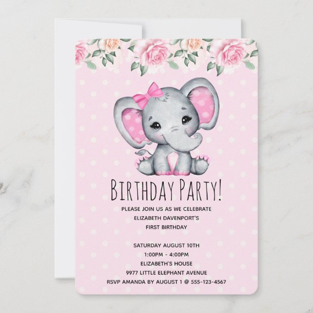Convite Chuva de Bebê Fronteira de Elefante Rosa e Rosas (Frente)