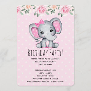 Convite Chuva de Bebê Fronteira de Elefante Rosa e Rosas