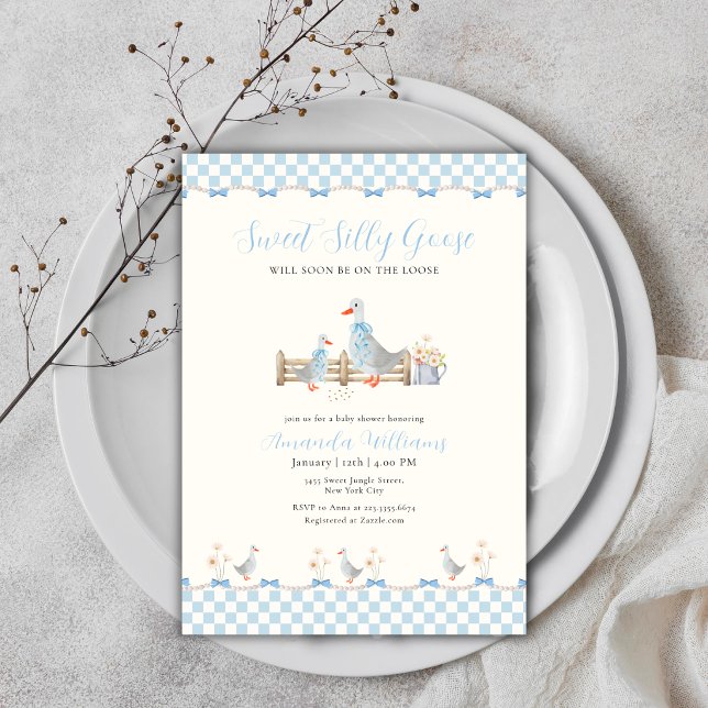 Convite Chuva de Bebê Ganso Bobalhão Preppy Xadrez com Laç (Blue Bow Gingham Preppy Silly Goose Baby Shower Invitation)